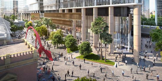 A rendering of a large public plaza surrounding Parramatta Square