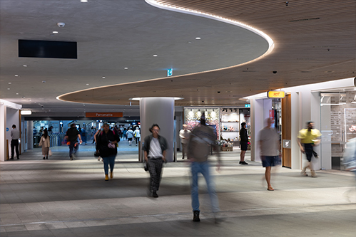 People walking through the Retail Link at Parramatta Square