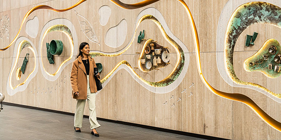 The lobby of a tower at Parramatta Square with the artwork Ellamatta prominently visible