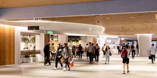 A retail area of Parramatta Square with Metro and various eateries